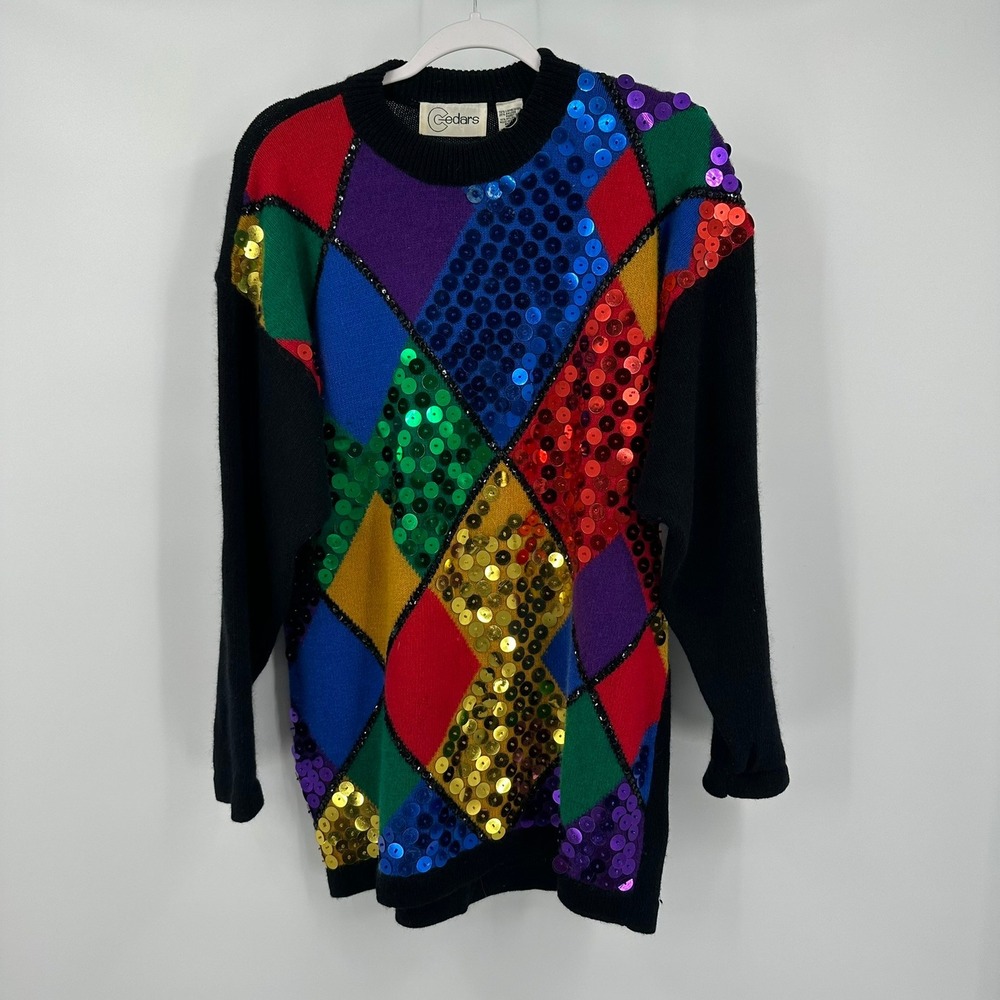 Vintage Womens Harlequin Sequin Sweater Lambswool Angora Rainbow Maximalist